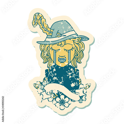 crying orc bard character with natural one D20 roll illustration