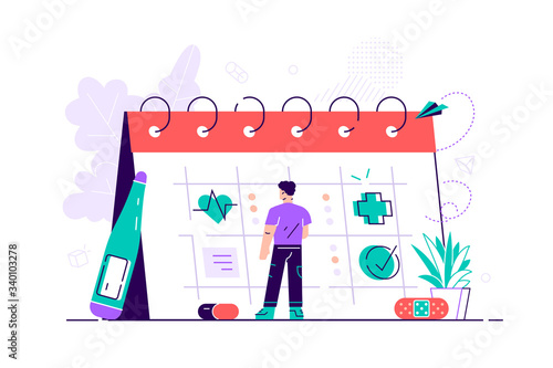 Young thoughtful man looking at giant calendar and choosing available date to visit physician. Doctor appointment scheduling. Health care or medical service. Modern flat cartoon vector illustration.