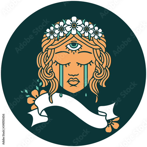 icon with banner of female face with third eye crying