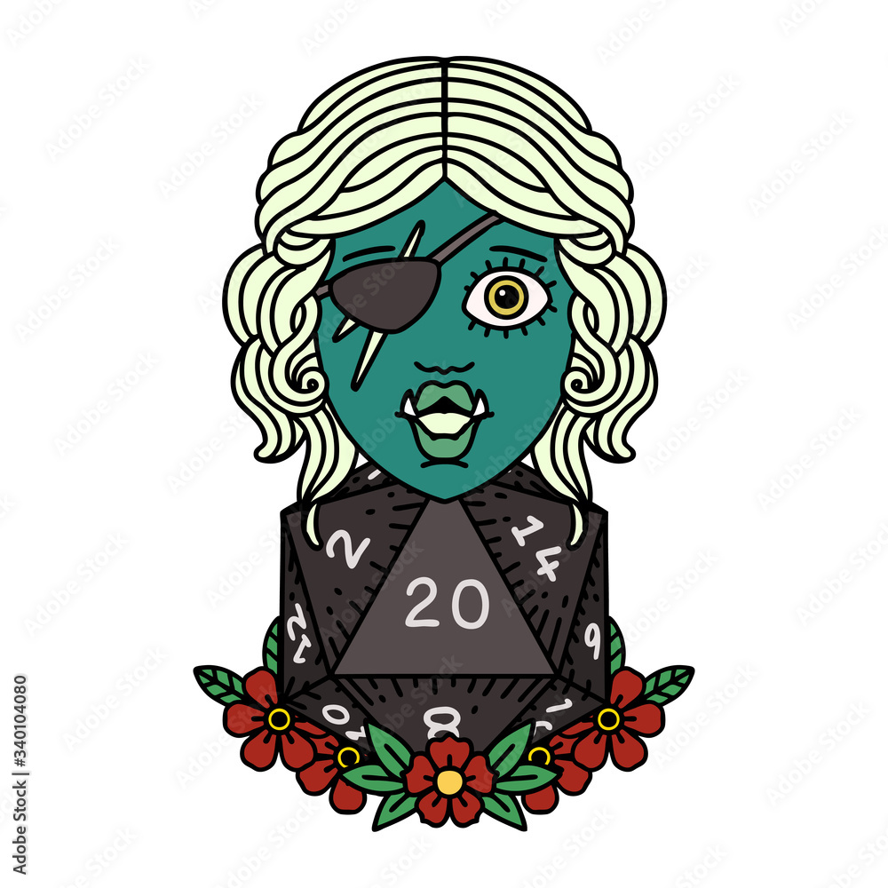 half orc rogue with natural 20 dice roll illustration half orc rogue with natural 20 dice roll illustration