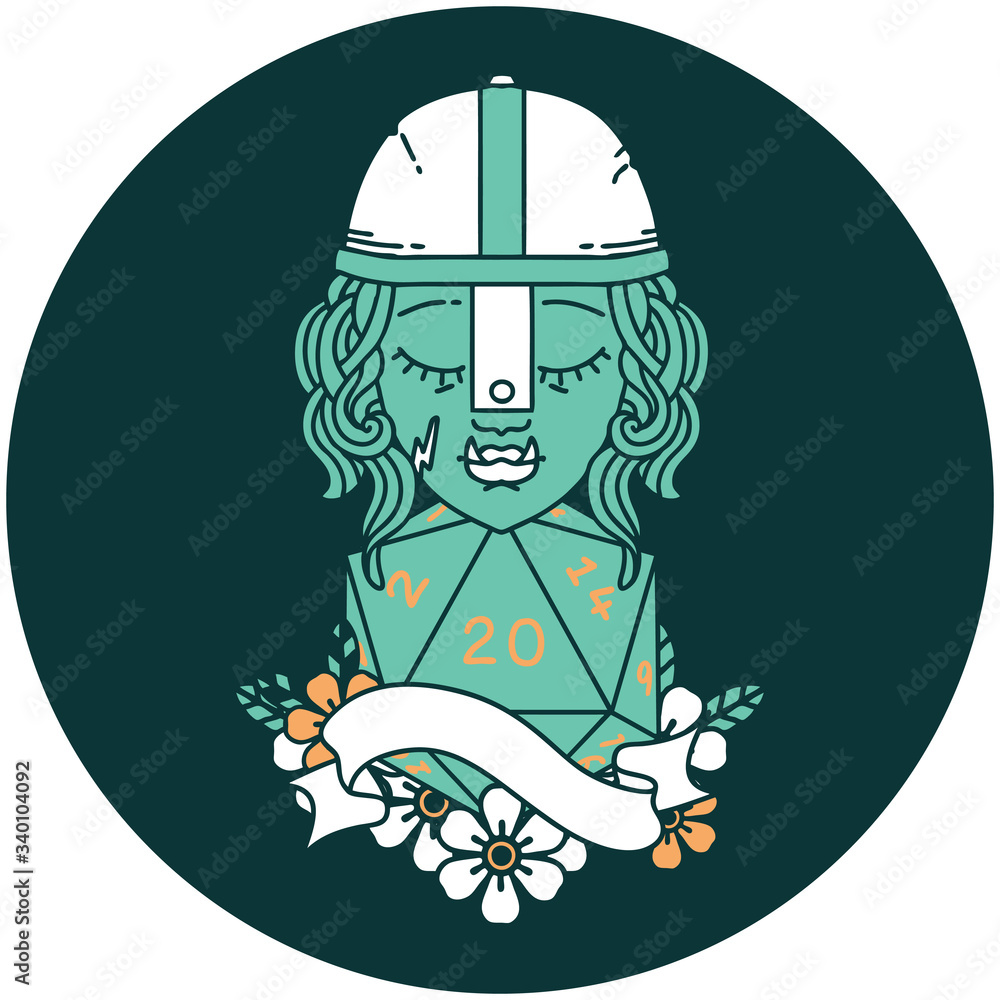 half orc fighter character with natural 20 dice roll icon half orc fighter character with natural 20 dice roll icon