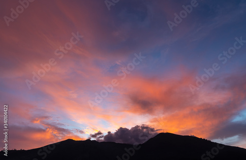 Colorful sky above the Pichincha Volcano at Sunset, Quito, Ecuador.