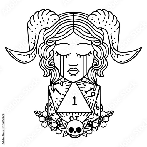 sad tiefling with natural one d20 dice roll illustration