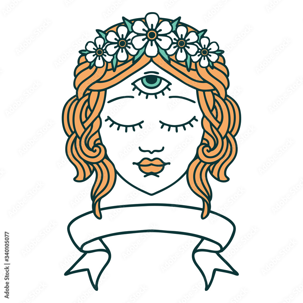 tattoo with banner of female face tattoo with banner of female face