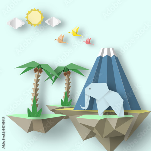 Paper Origami creative scene with soars islands.