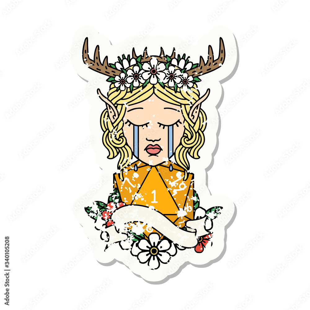 crying elf druid character face with natural one roll grunge sticker crying elf druid character face with natural one roll grunge sticker