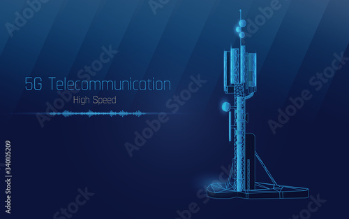 3d base station receiver. telecommunication tower 5g polygonal design global connection information transmitter. Mobile radio antenna cellular vector illustration, plexus,high speed,sound wave