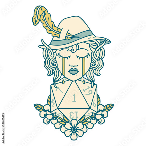 crying elf bard character with natural one D20 roll illustration