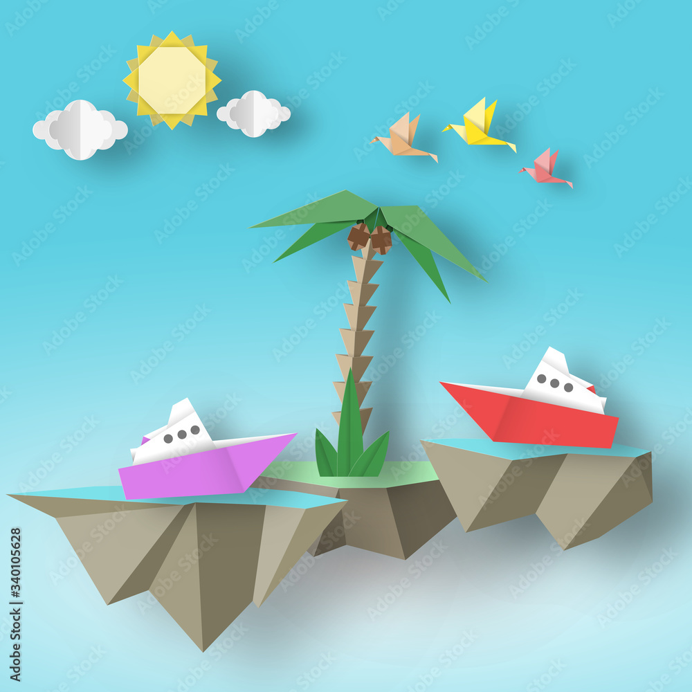 Paper Birds, Steamship, Palm and 3D Fly Island.