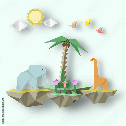 Scene with Cut Elephant, Giraffe and 3D Fly Island.