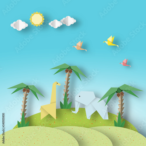 Scene with Cutout Birds, Elephant, Giraffe in a Desert.