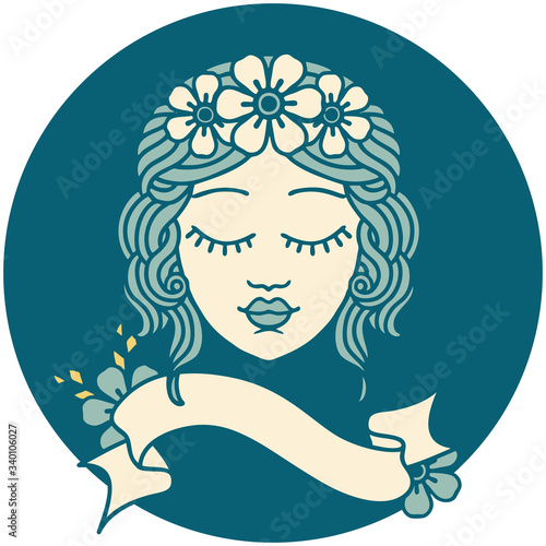 icon with banner of a maidens face