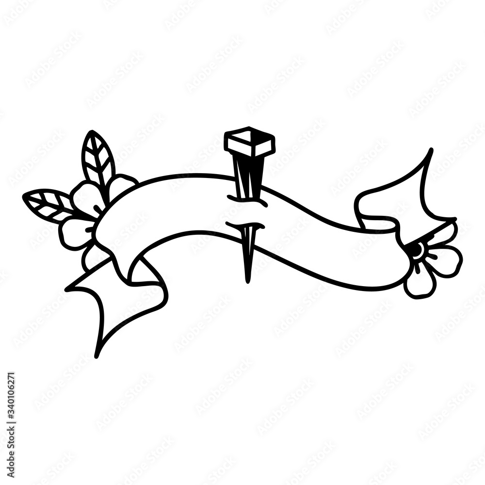 Fototapeta premium black linework tattoo with banner of iron nail