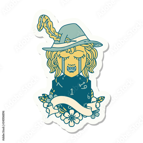 crying orc bard character with natural one D20 roll sticker