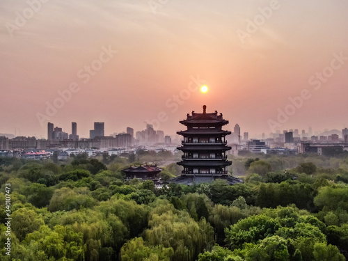 Aerial view of Chaoran Pagoda of Daming Lake Park in Jinan. This is a quite new building.  photo