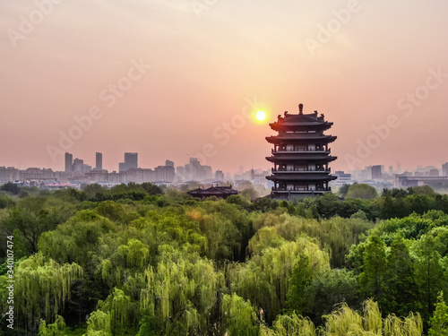 Aerial view of Chaoran Pagoda of Daming Lake Park in Jinan. This is a quite new building. 