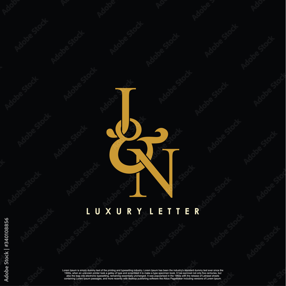 Initial letter J & N JN luxury art vector mark logo, gold color on black background. Initial letter J & N JN luxury art vector mark logo, gold color on black background.