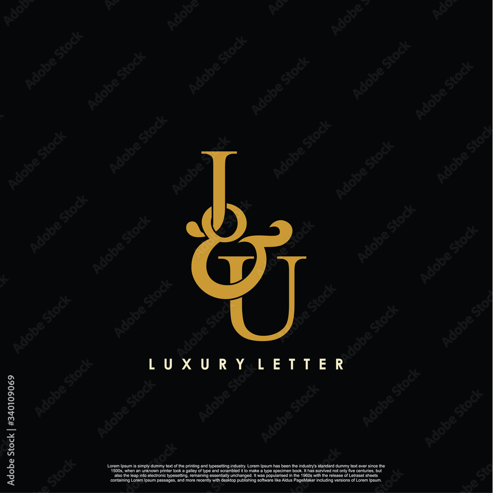 Initial letter J & U JU luxury art vector mark logo, gold color on black background. Initial letter J & U JU luxury art vector mark logo, gold color on black background.