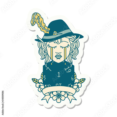 crying elf bard character with natural one D20 roll sticker