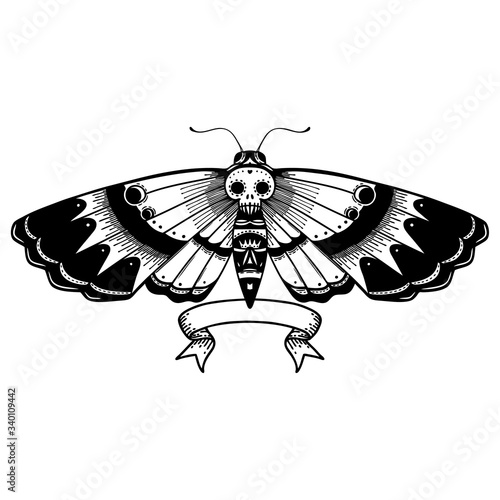 black linework tattoo with banner of a deaths head moth