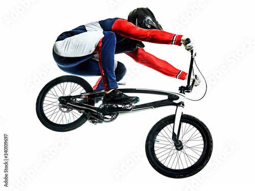 Fotografering BMX racer man silhouette isolated white background