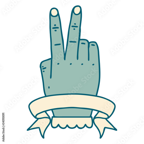 victory v hand gesture with banner illustration
