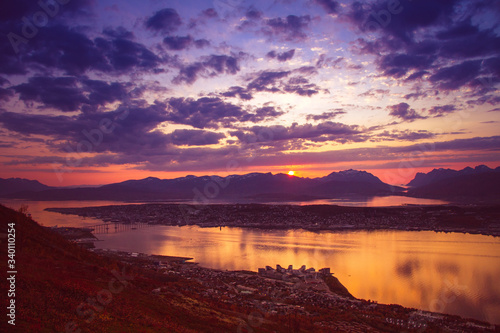 sunset, sky, sun, sunrise, nature, clouds, orange, landscape, evening, light, sea, cloud, dawn, blue, night, beautiful, horizon, red, sunlight, mountain, morning, view, ocean tromso tromsø water dog