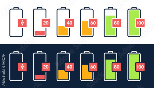 Energy level icon. Charge load, phone battery indicator, smartphone power level, accumulator energy empty and full status icons set. Stages of gadget recharging. Charging energy percent