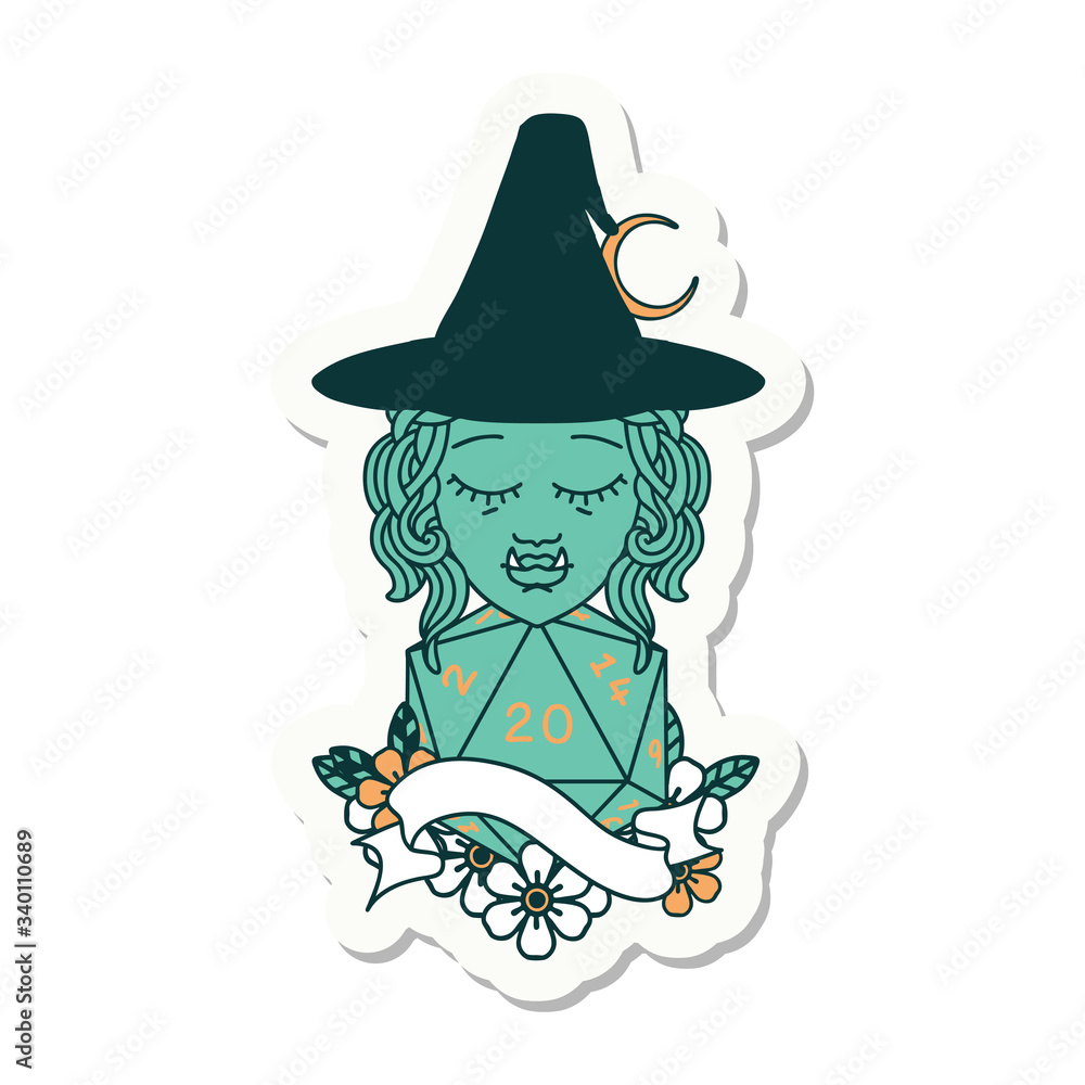 half orc witch character with natural twenty dice roll sticker