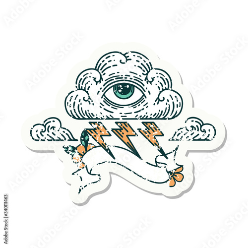 grunge sticker with banner of an all seeing eye cloud