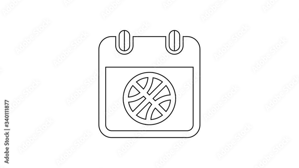 Black line Basketball on sport calendar icon isolated on white background. 4K Video motion graphic animation Black line Basketball on sport calendar icon isolated on white background. 4K Video motion graphic animation