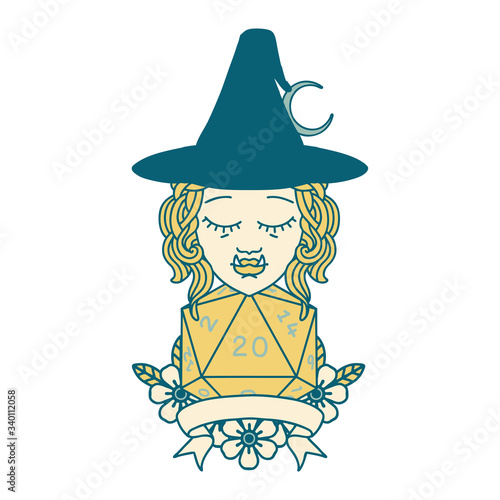 half orc witch character with natural 20 dice roll illustration
