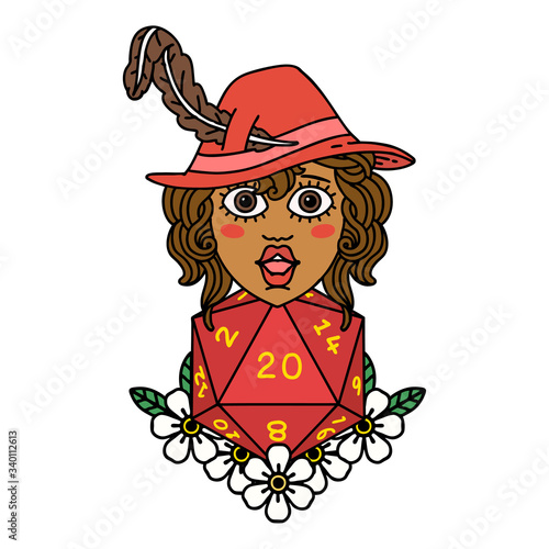 human bard with natural 20 dice roll illustration
