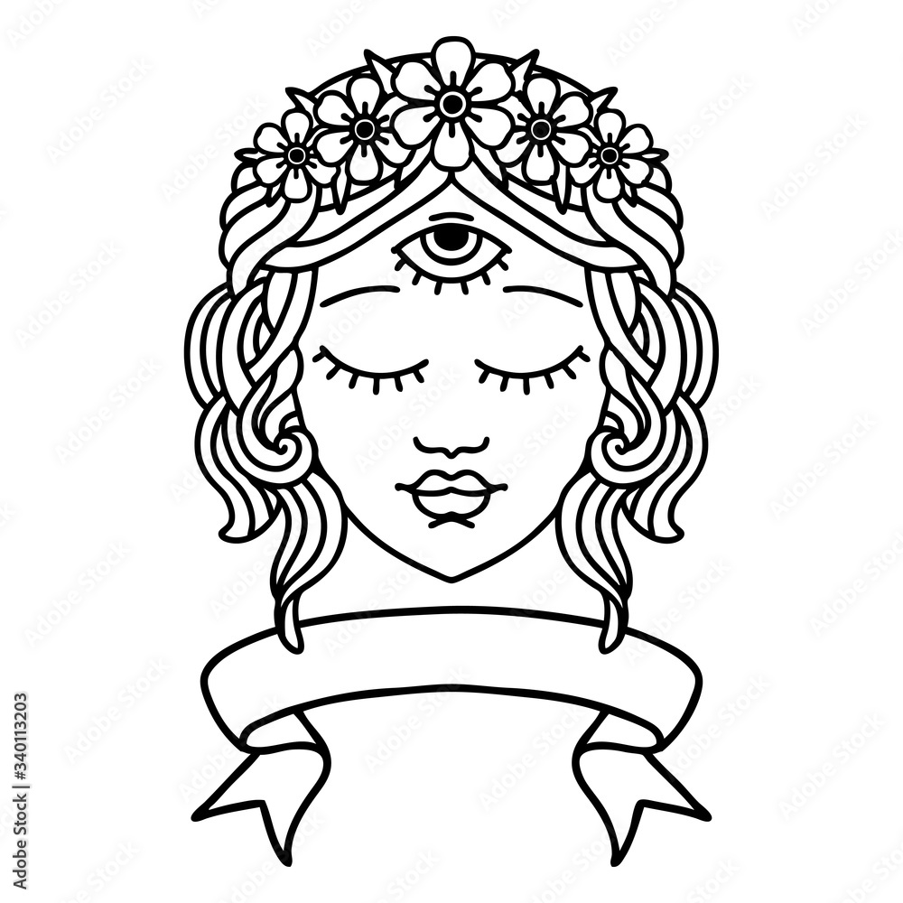 black linework tattoo with banner of female face black linework tattoo with banner of female face