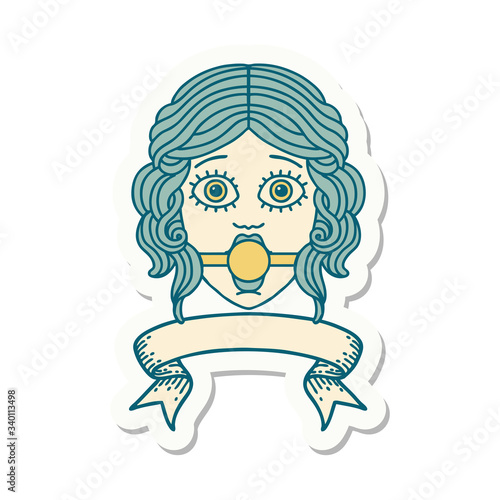 tattoo sticker with banner of female face with ball gag