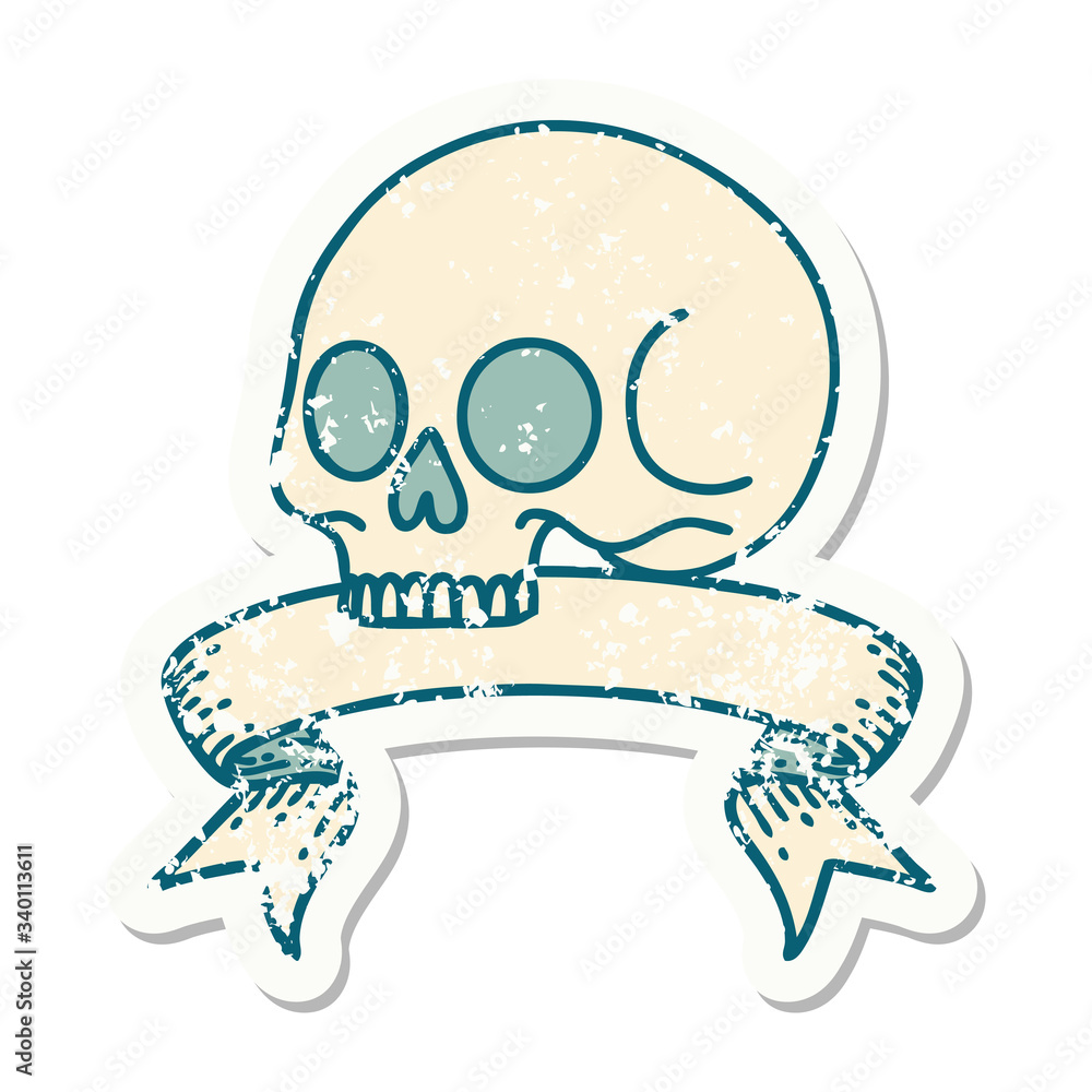 grunge sticker with banner of a skull grunge sticker with banner of a skull
