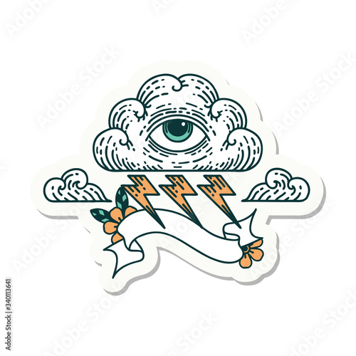 tattoo sticker with banner of an all seeing eye cloud
