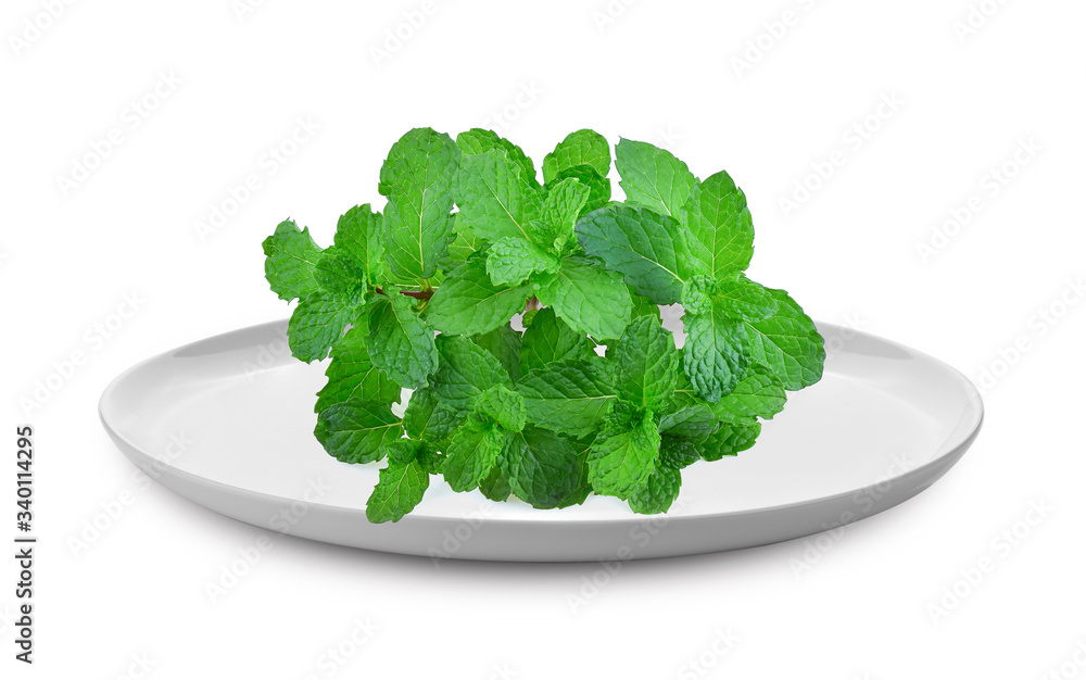 Mint leaves in white plate isolated on white background Mint leaves in white plate isolated on white background