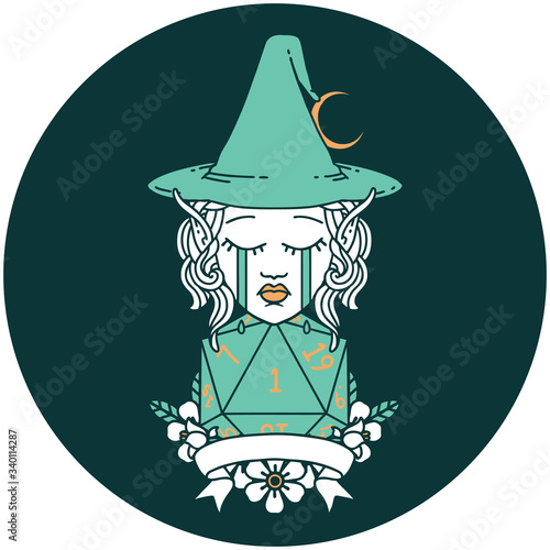 crying elf mage character with natural one dice roll icon