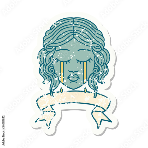 grunge sticker with banner of female face crying