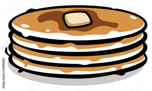 Vector painting of a pancake stack with butter and maple syrup with a black outline. Can represent a breakfast, baking, a brunch, a delicious dessert or indulgence.