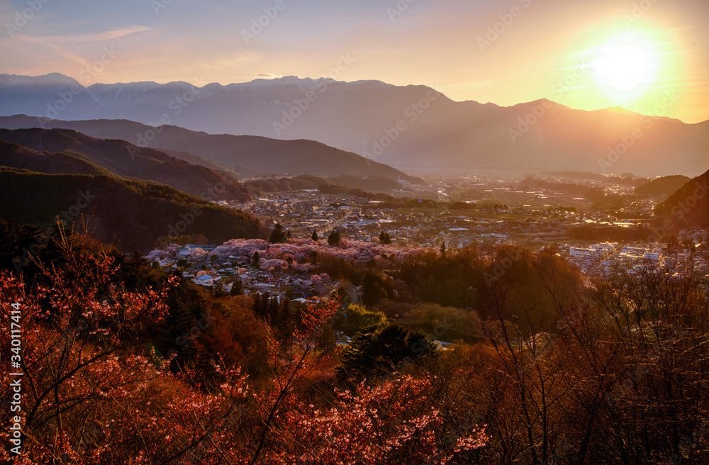 Sunset over the Alps and cherry blossoms in full bloom