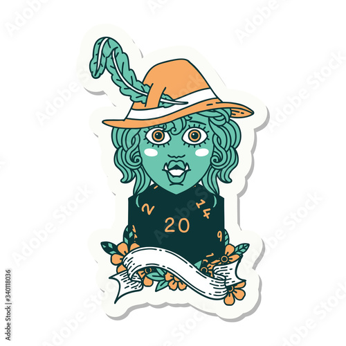 singing half orc bard with natural twenty dice roll sticker