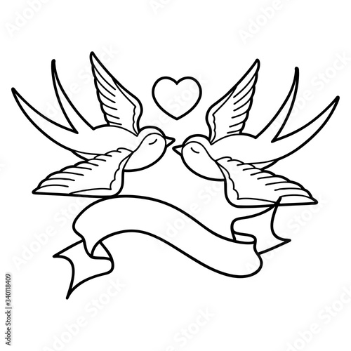 black linework tattoo with banner of a swallows and a heart