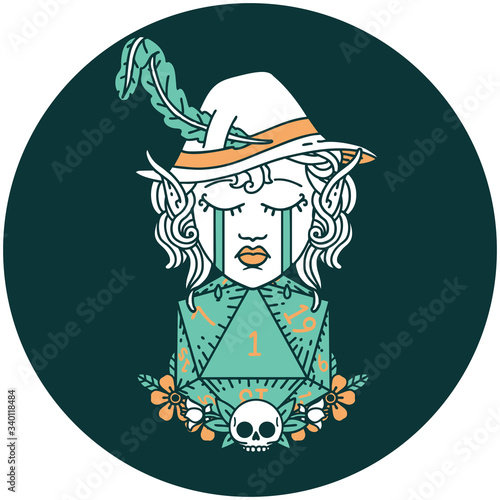 crying elf bard character with natural one D20 roll icon