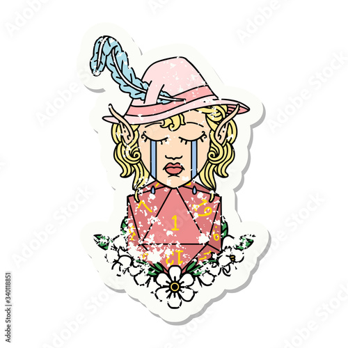 crying elf bard character with natural one D20 roll grunge sticker