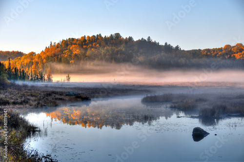 Fototapeta Naklejka Na Ścianę i Meble -  sunrise and mist over the river in forest of autumn colour  Algonquin Park Ontario Canada