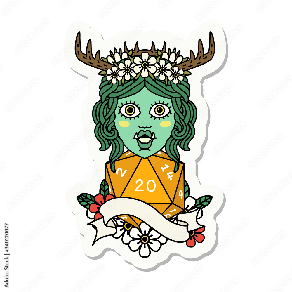 half orc druid character with natural 20 dice roll sticker half orc druid character with natural 20 dice roll sticker