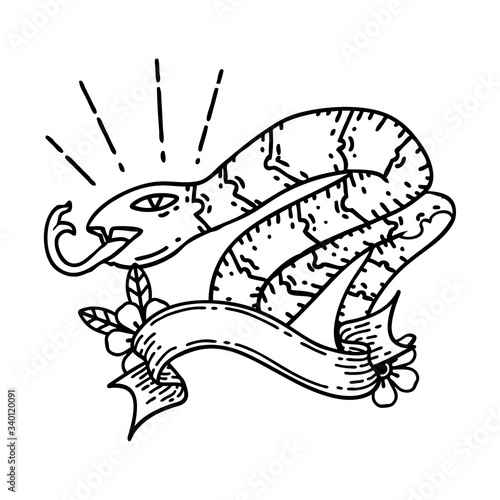 banner with black line work tattoo style hissing snake