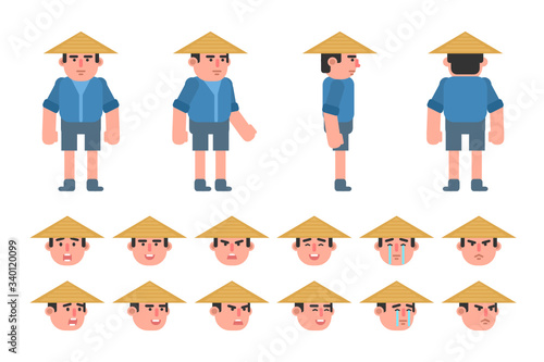 Asian farmer creation kit. Create your own pose or animation. Flat design vector illustration